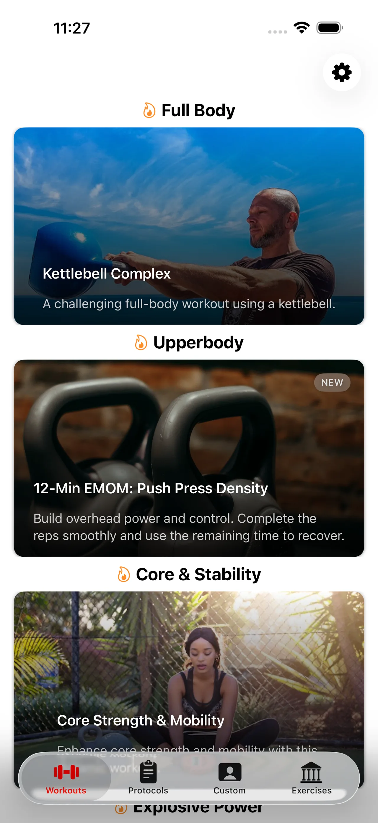 Kettlebell Circuits screenshot showing workout discovery categories