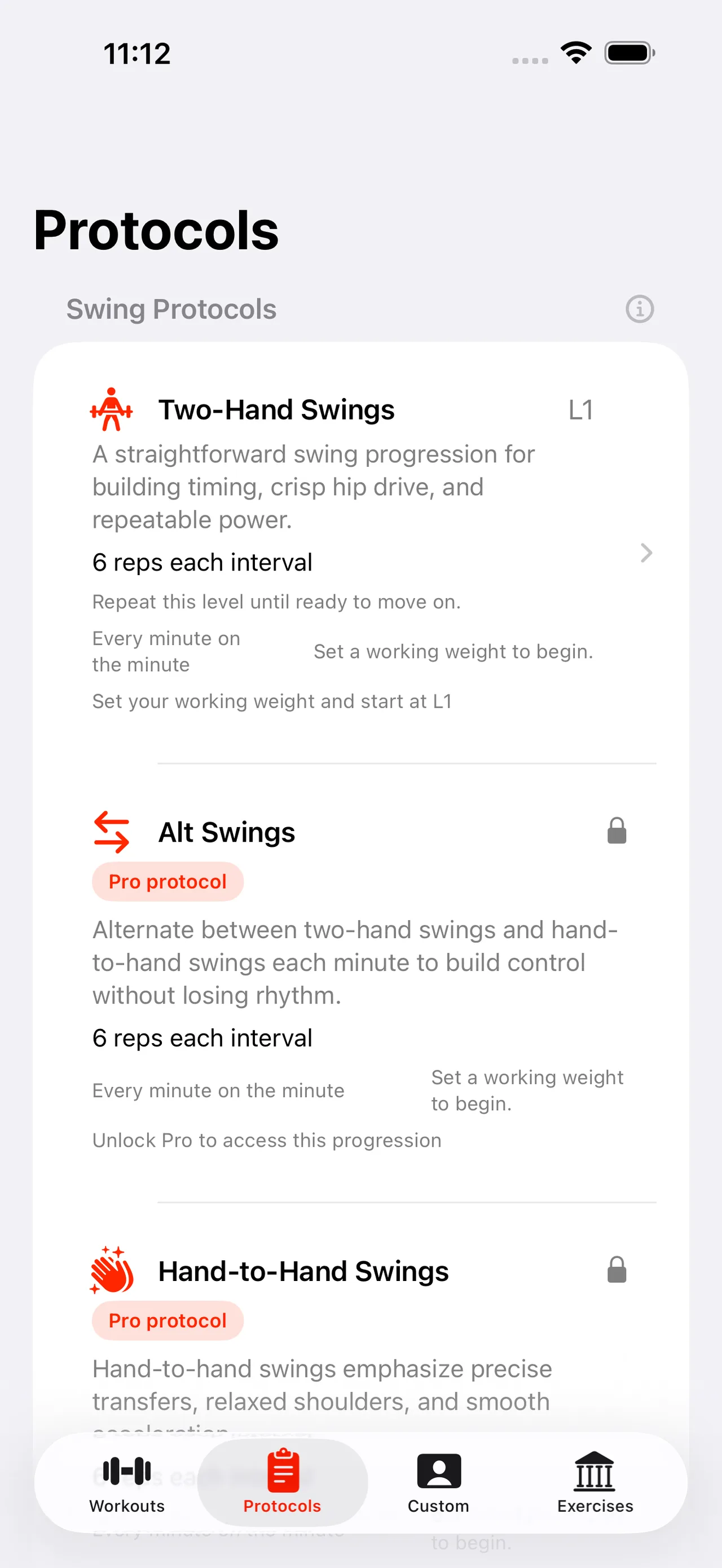 Kettlebell Circuits screenshot showing swing protocols